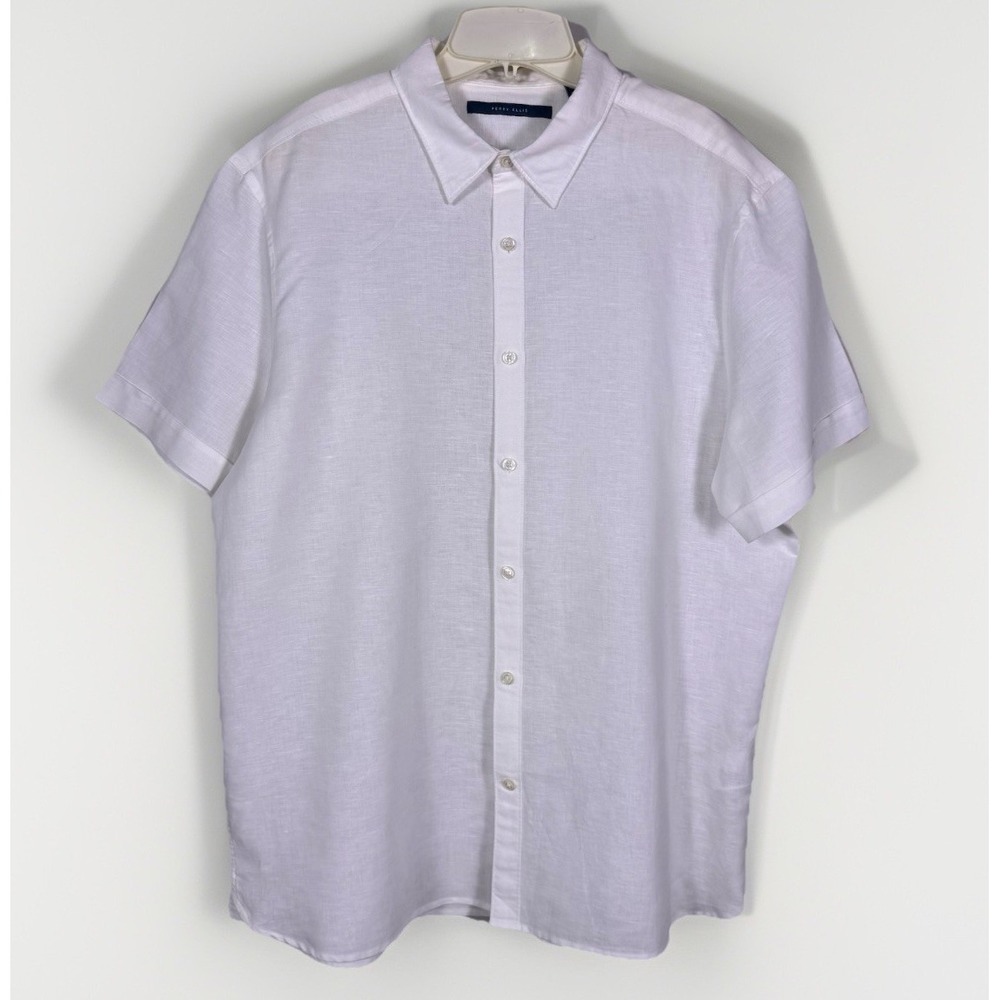 Perry Ellis Linen Okeo Men's XL White Button‎ Down Short Sleeve Shirt Resortwear